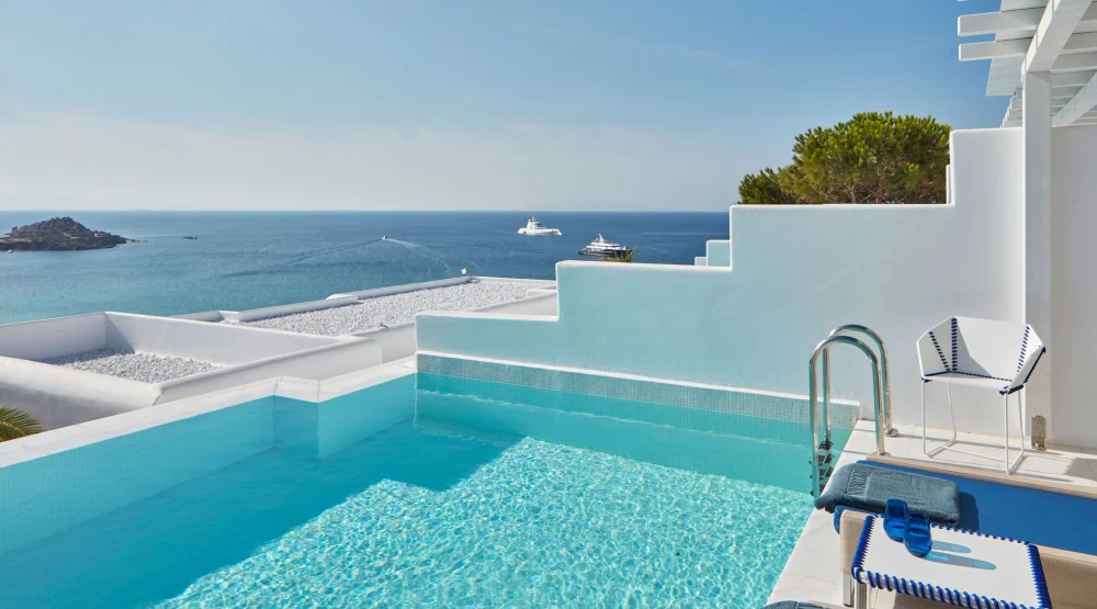 White Bliss with Private Pool & Sea View at Myconian Ambassador, Relais & Chateaux