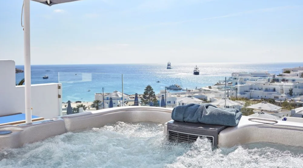 Azure Suite with Private Jacuzzi & Sea View at Myconian Ambassador, Relais & Chateaux