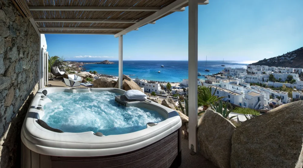 Passion Suite with Private Jacuzzi & Sea View at Myconian Ambassador, Relais & Chateaux