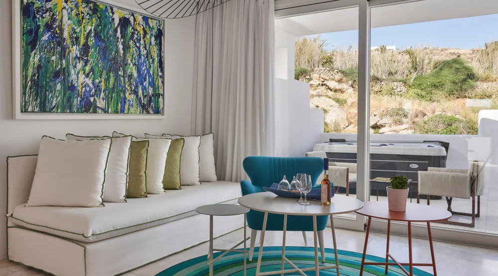 White Bliss with Private Jacuzzi & Inland View at Myconian Ambassador, Relais & Chateaux