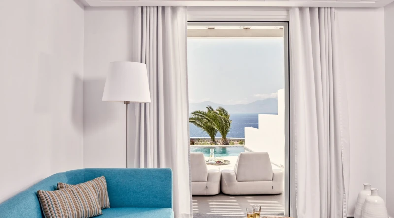 Delos Junior Suite Sea View with Private Pool & Outdoor Jacuzzi at Myconian Korali, Relais & Chateaux