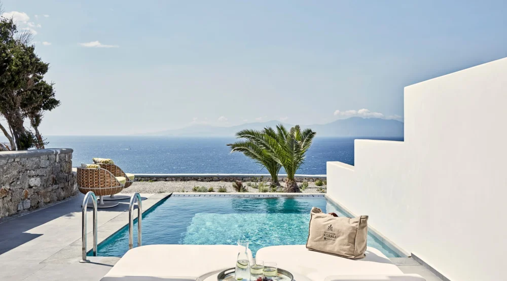 Delos Premium Junior Suite with Sea View Outdoor Jacuzzi & Private Pool at Myconian Korali, Relais & Chateaux