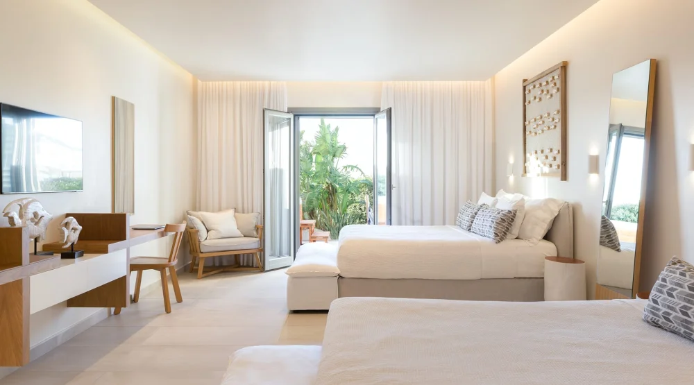 Family Connecting Partial Sea View Suite with Two Private Hot Tubs at 18 Grapes Hotel Naxos